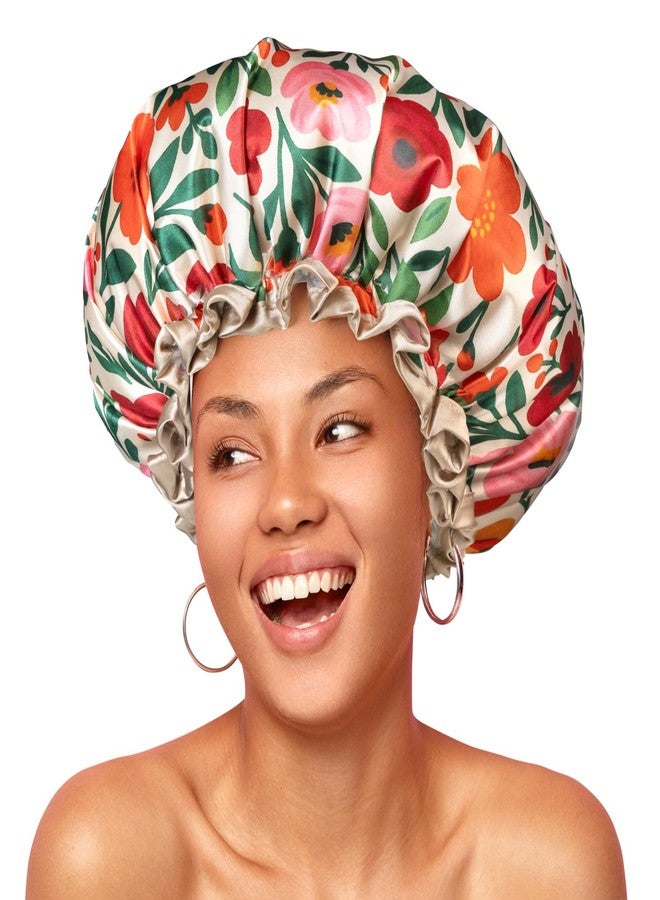 mikimini Large Shower Cap for Women Reusable Waterproof, Extra Large Hair Cap with Adjustable Elastic Band and Vibrant Floral Print, XL Bath Cap for Long Hair & Short Hair, 2 Pcs - Image 1